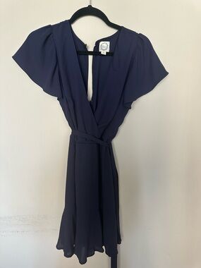 Blue Rain Navy Wrap Dress with Flutter Sleeves
